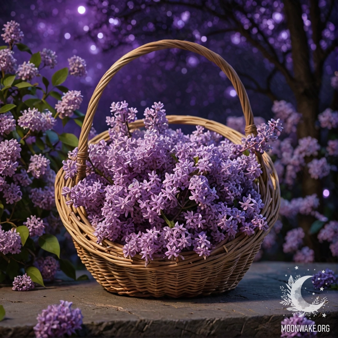 A serene purple basket at night with a delicate web.