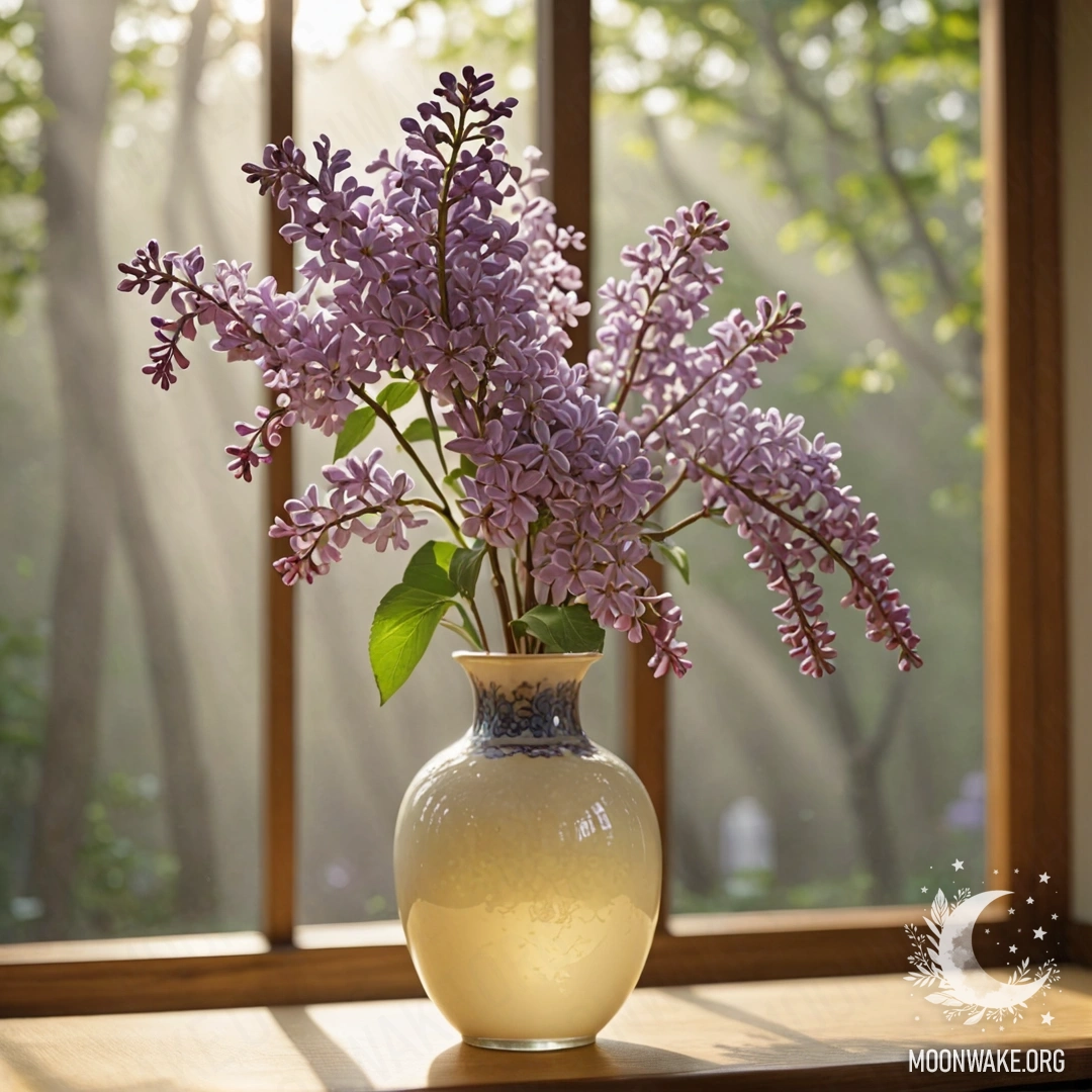 A serene arrangement of lilac flowers in a cream yellow vase, illuminated by soft sunlight in a misty atmosphere.