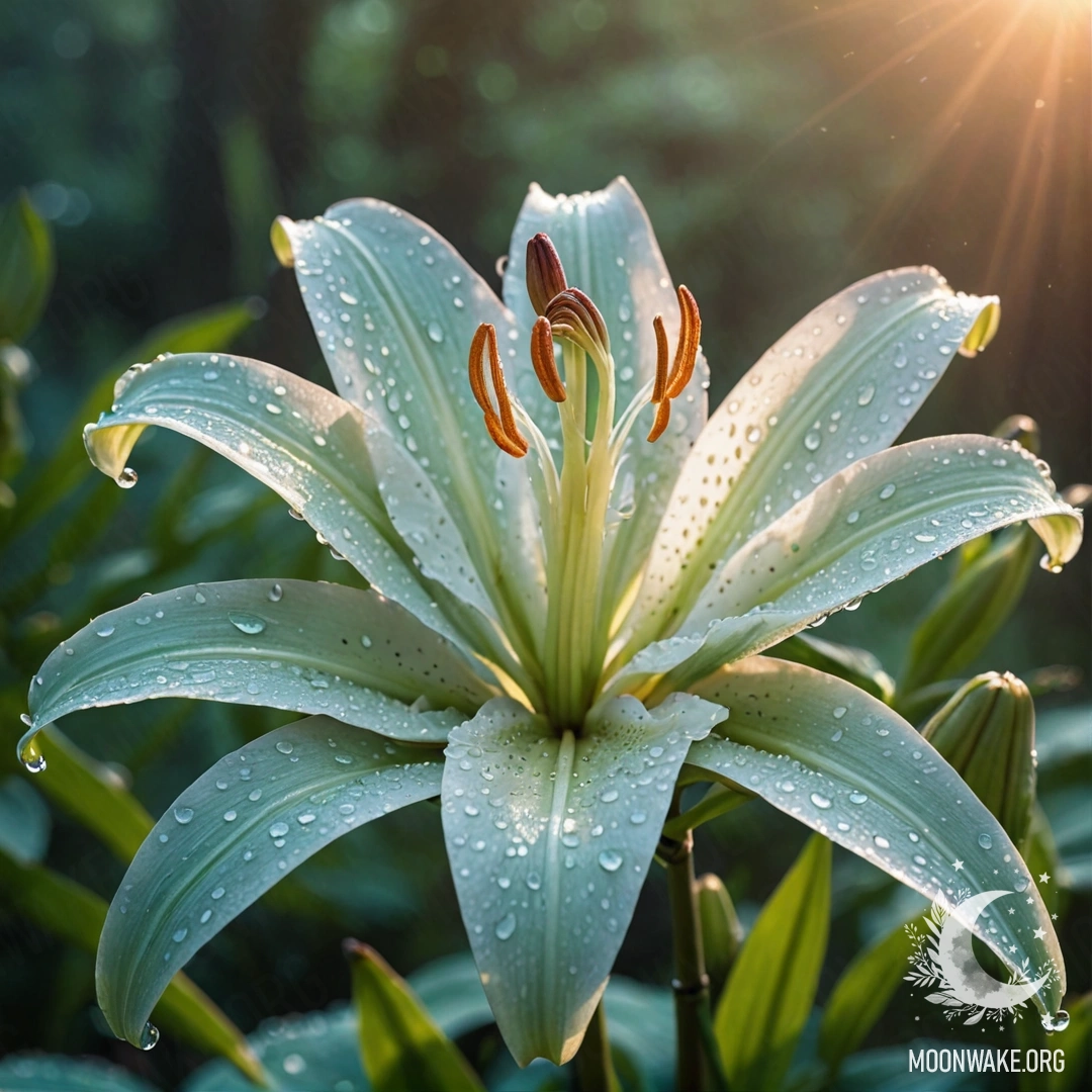 A calm lily with dew droplets against a mint-colored sunset background in a Chinese art style.