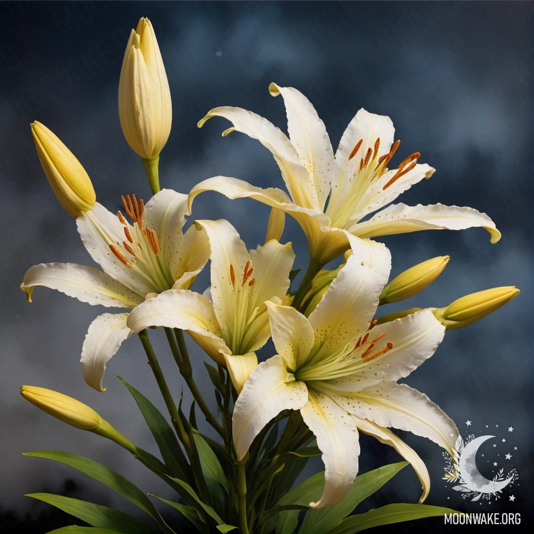 A serene bouquet of cream and yellow lilies surrounded by mist at night.