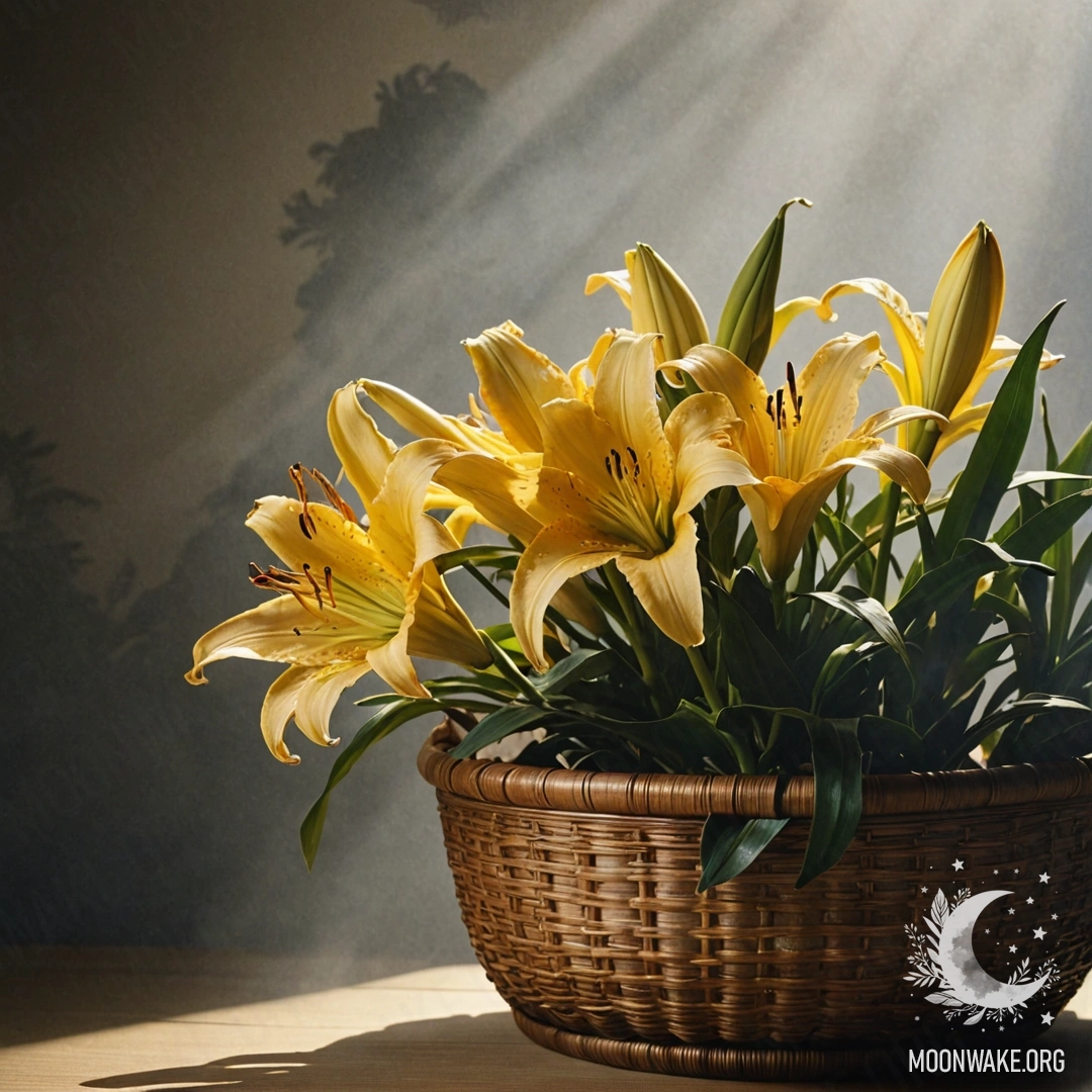 A delicate lily surrounded by mist and sunlight in a golden basket.