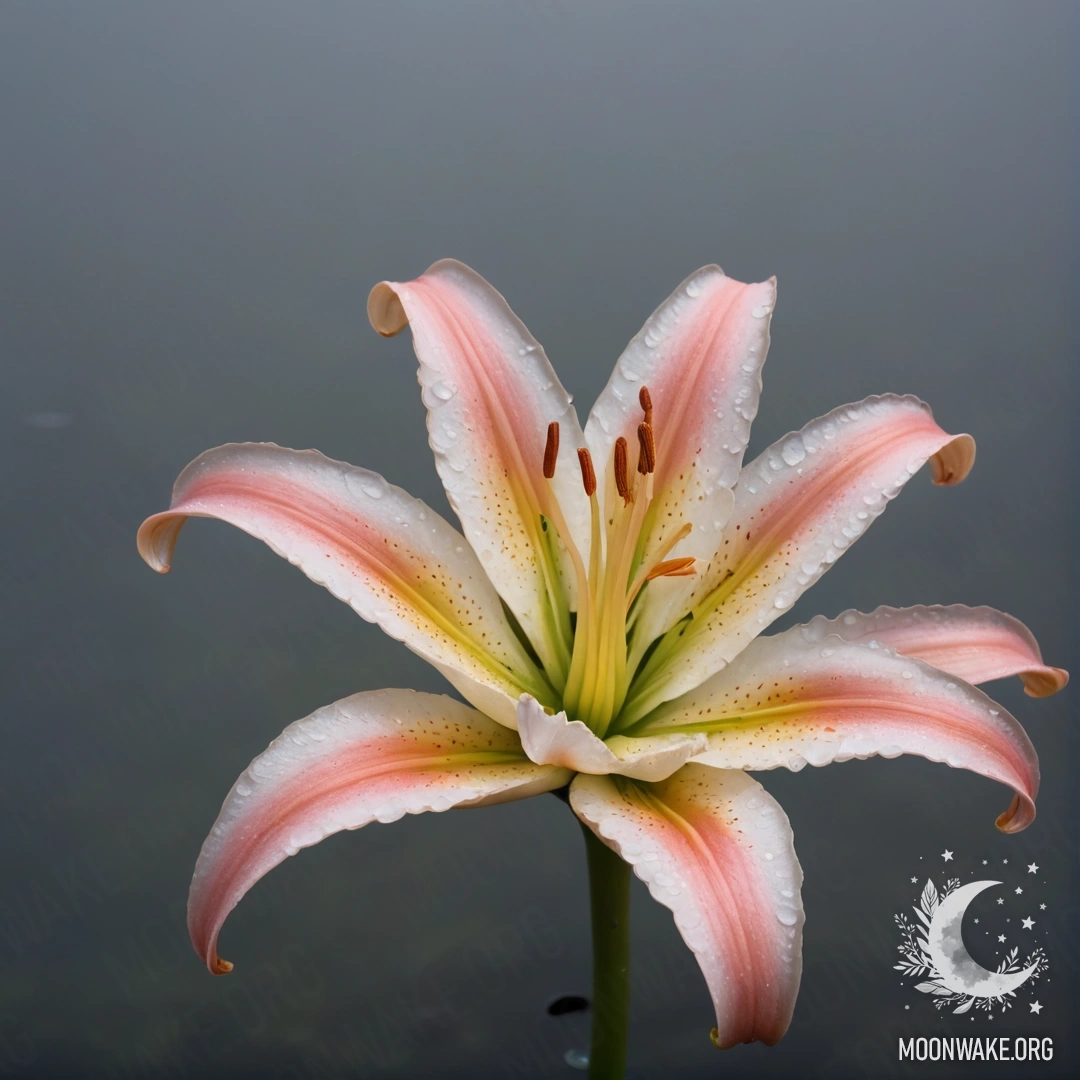 A serene lily floating in fog at night, surrounded by gentle waves.