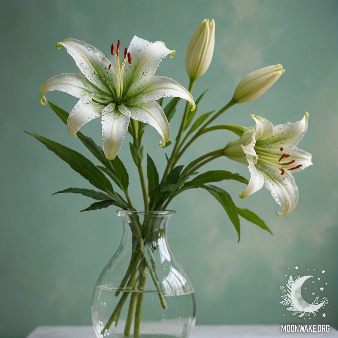Calm Lily in Mint Vase A calm lily elegantly placed in a mint-colored vase, adorned with a delicate web.