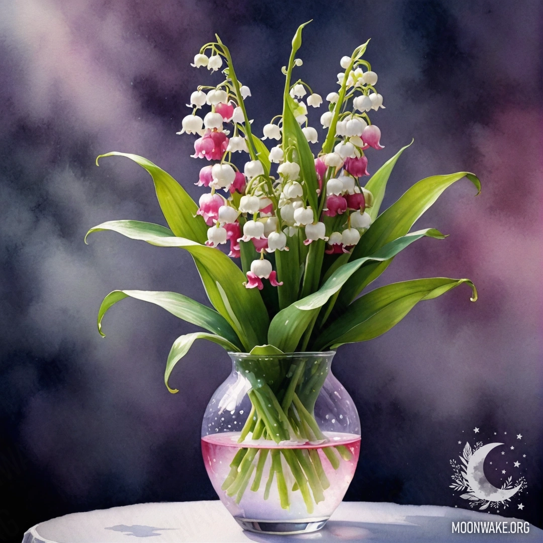 A delicate lily of the valley in a fuchsia vase, shrouded in mist at night.