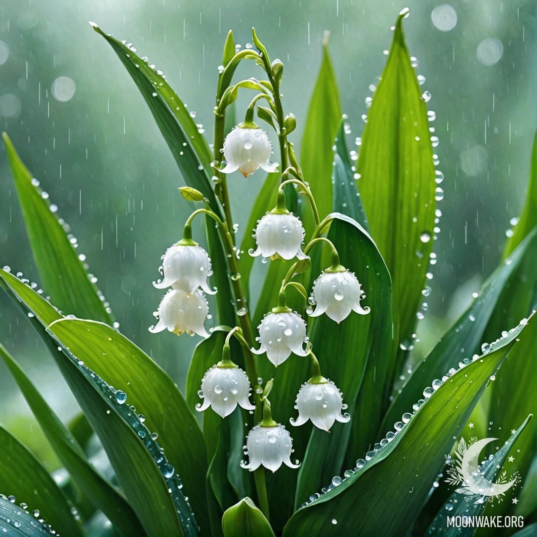 A digital painting of lily of the valley flowers in misty rain.