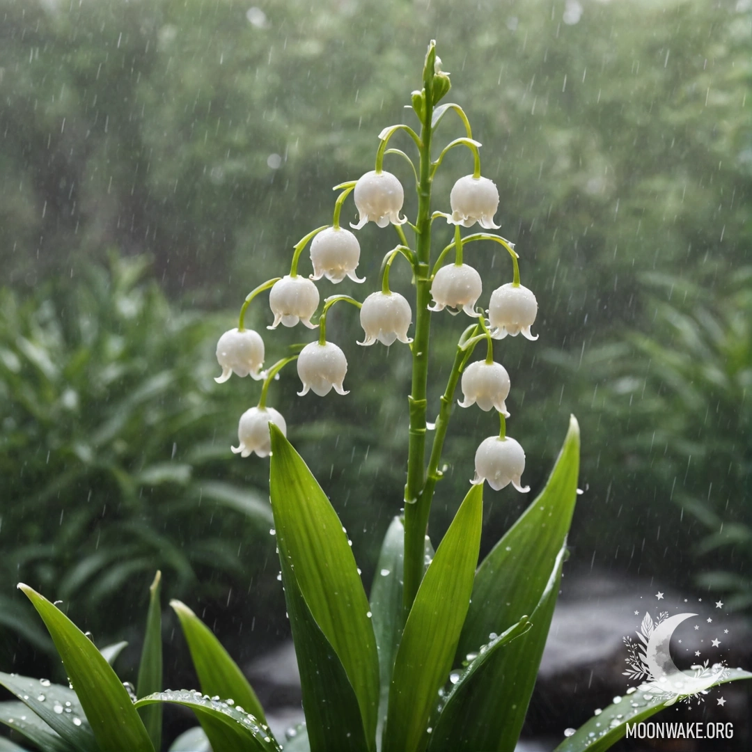 Calm Lily of the Valley in Misty Rain A serene scene of lily of the valley flowers amidst mist and rain, with rays of sunlight breaking through the clouds.