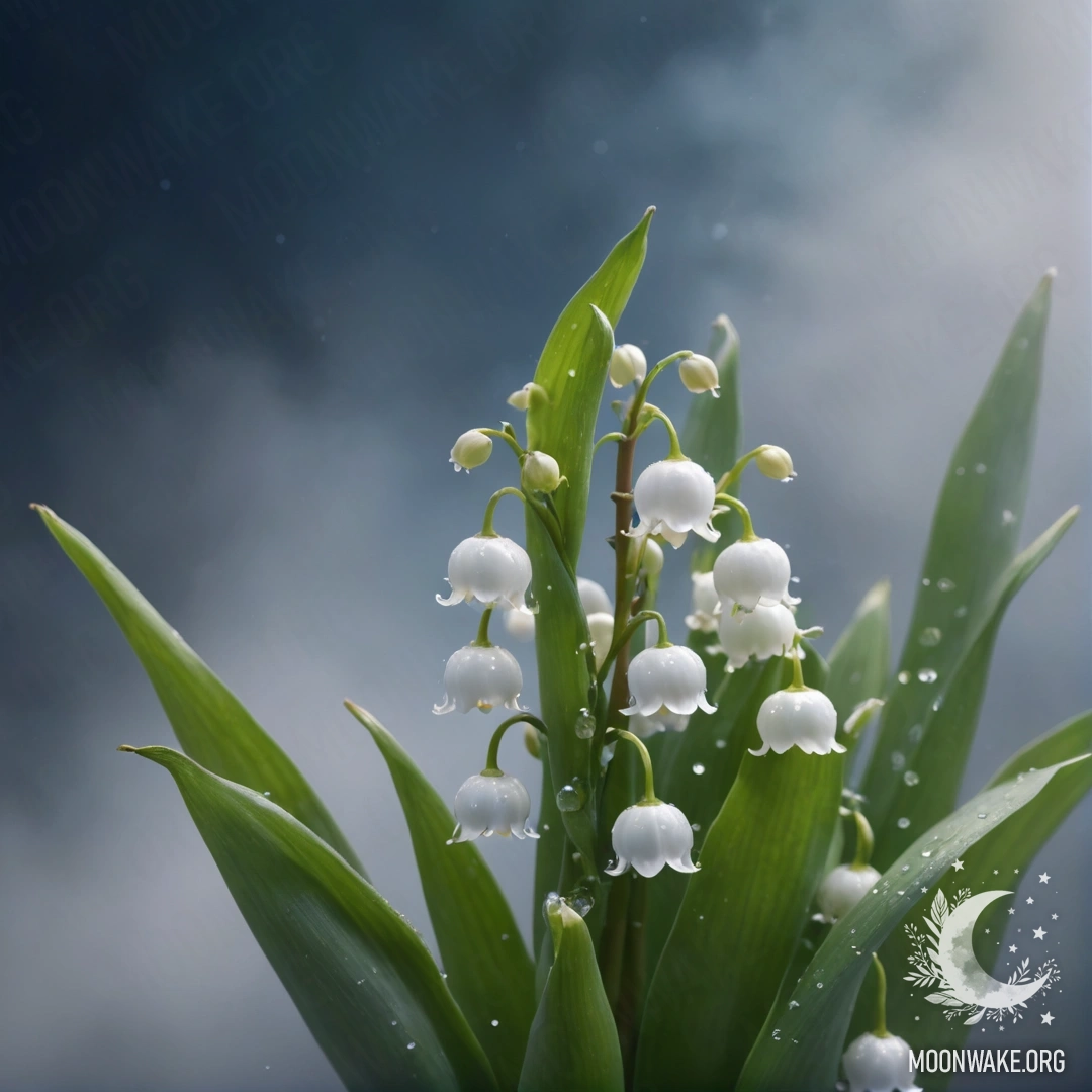 A serene scene featuring lily of the valley flowers surrounded by fog at night.