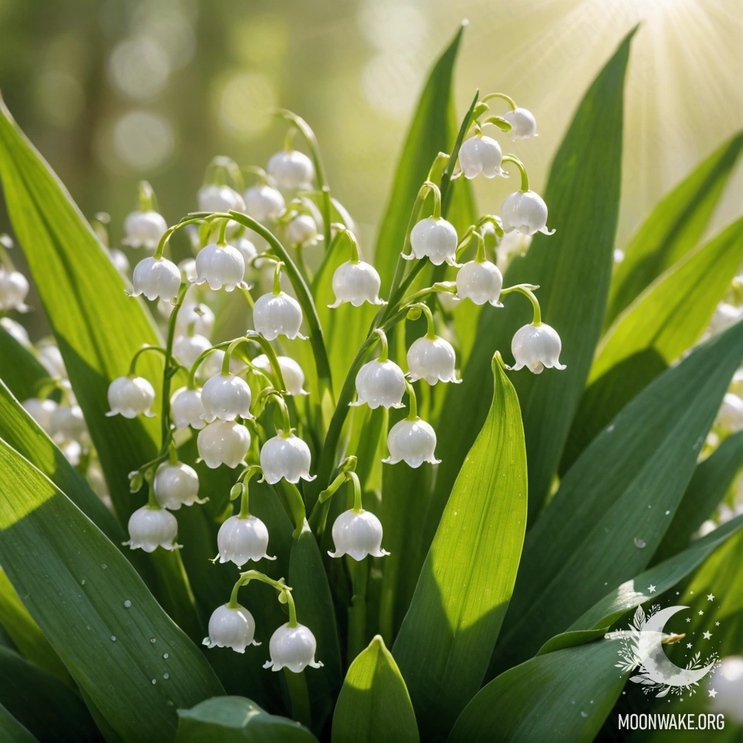 Calm Lily of the Valley with Sunny Rays A serene image of lily of the valley flowers against an olive background, illuminated by soft sunlight.