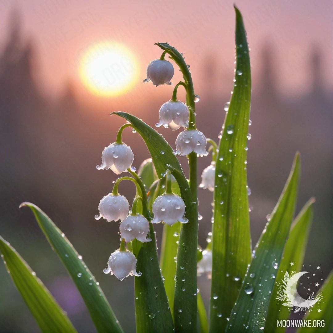 A photograph of delicate lily of the valley flowers covered with dew drops against a sunset backdrop, sparkling with pink hues.