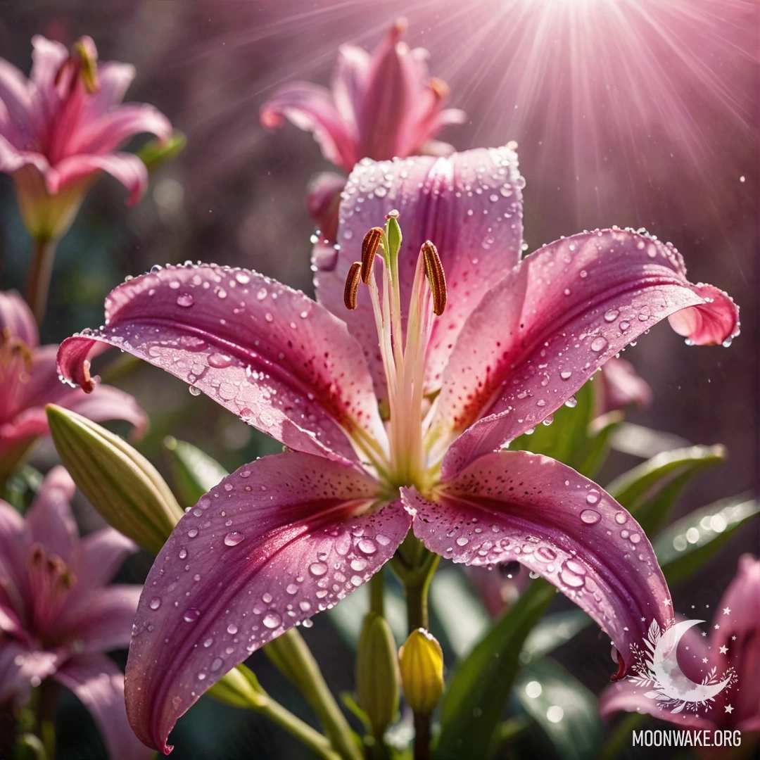 A serene lily adorned with dew drops against a fuchsia background.