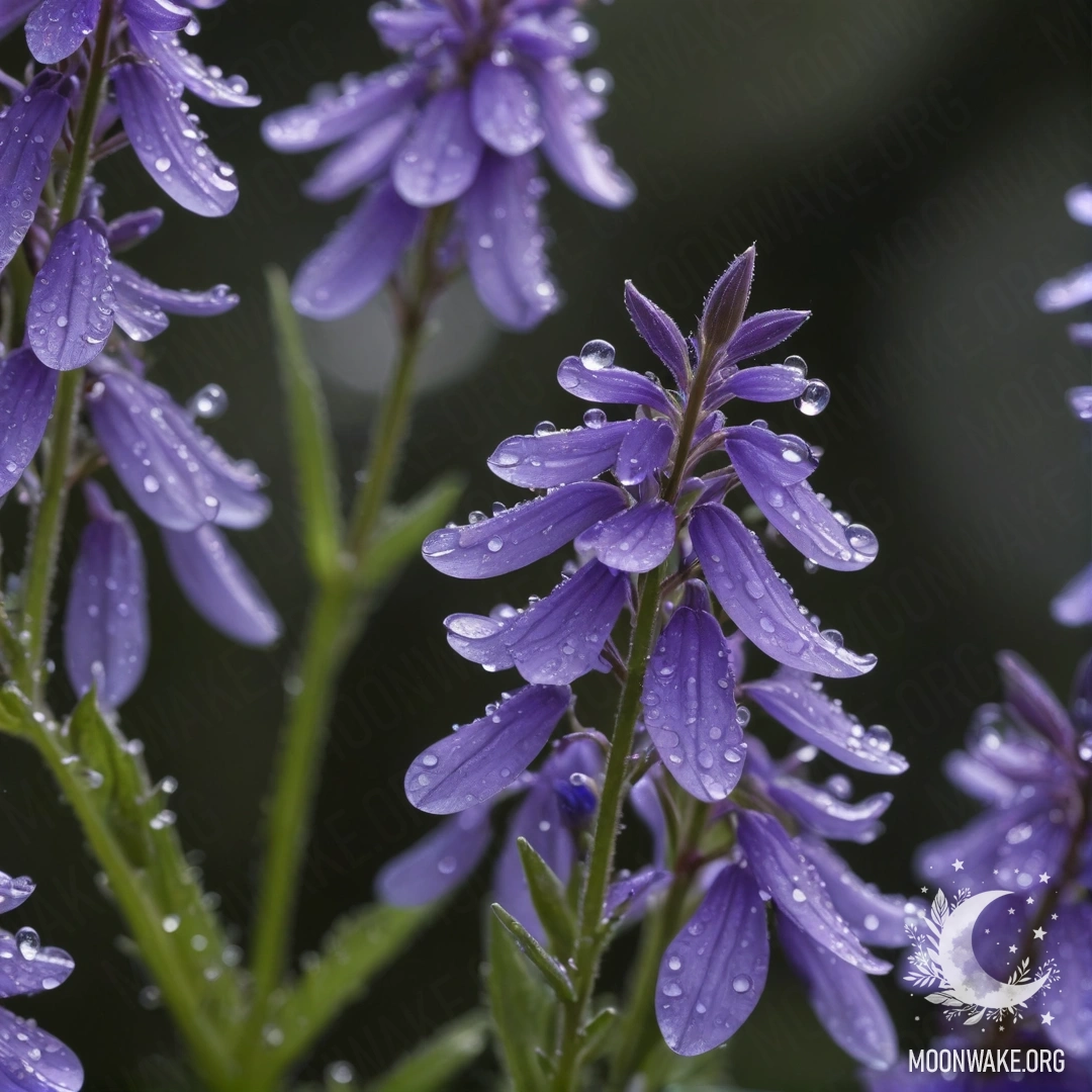 Calm Lobelia at Night with Dew Drops A serene scene of lobelia flowers with dew drops under the night sky.