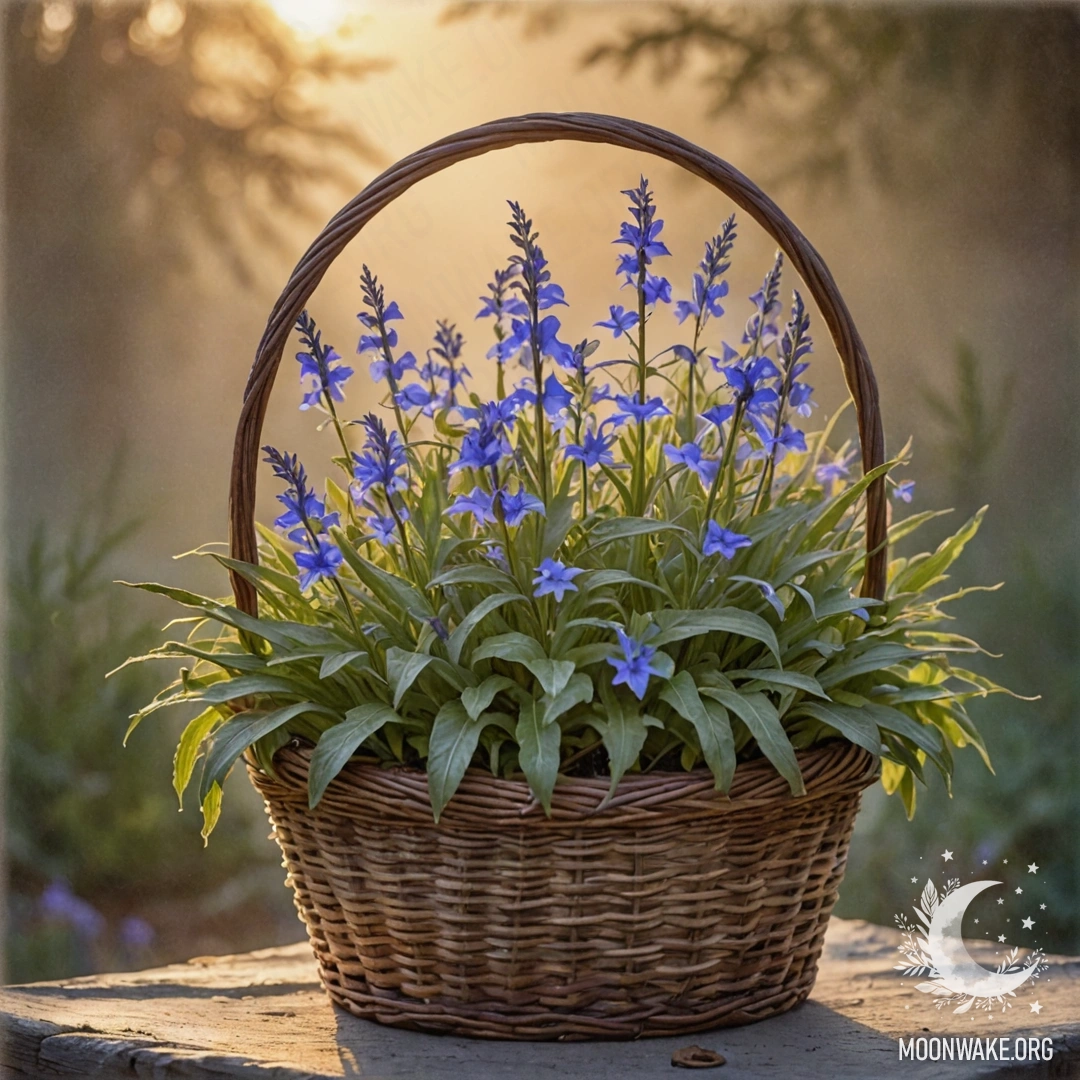 A serene image of lobelia flowers in a basket, enveloped in mist during sunset, showcasing soft olive tones typical of watercolor painting.