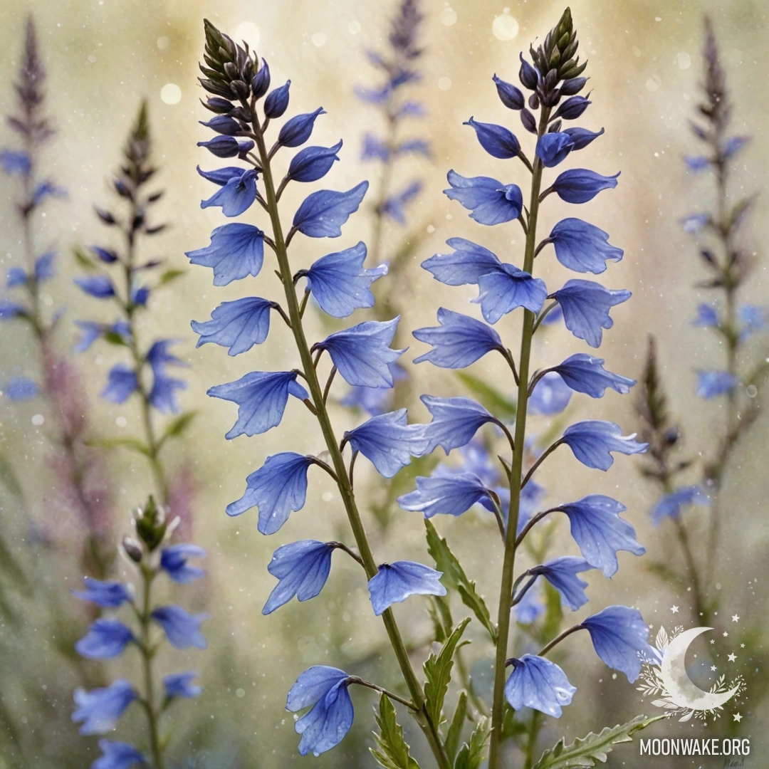 Calm Lobelia in Pastel Hues An ink wash painting of calm lobelia flowers adorned with sequins.