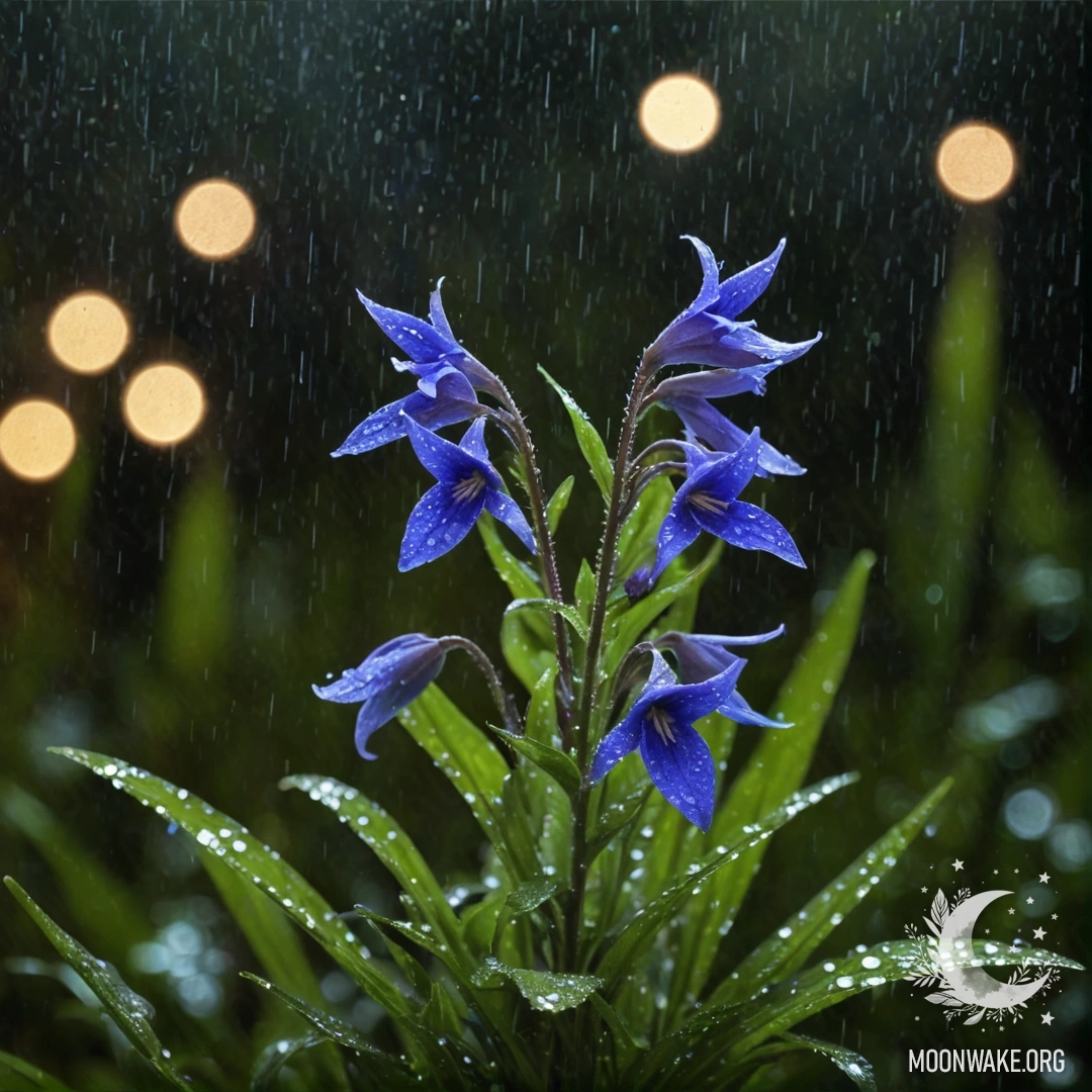 A close-up view of calm lobelia flowers in lime color shimmering under rain at night.