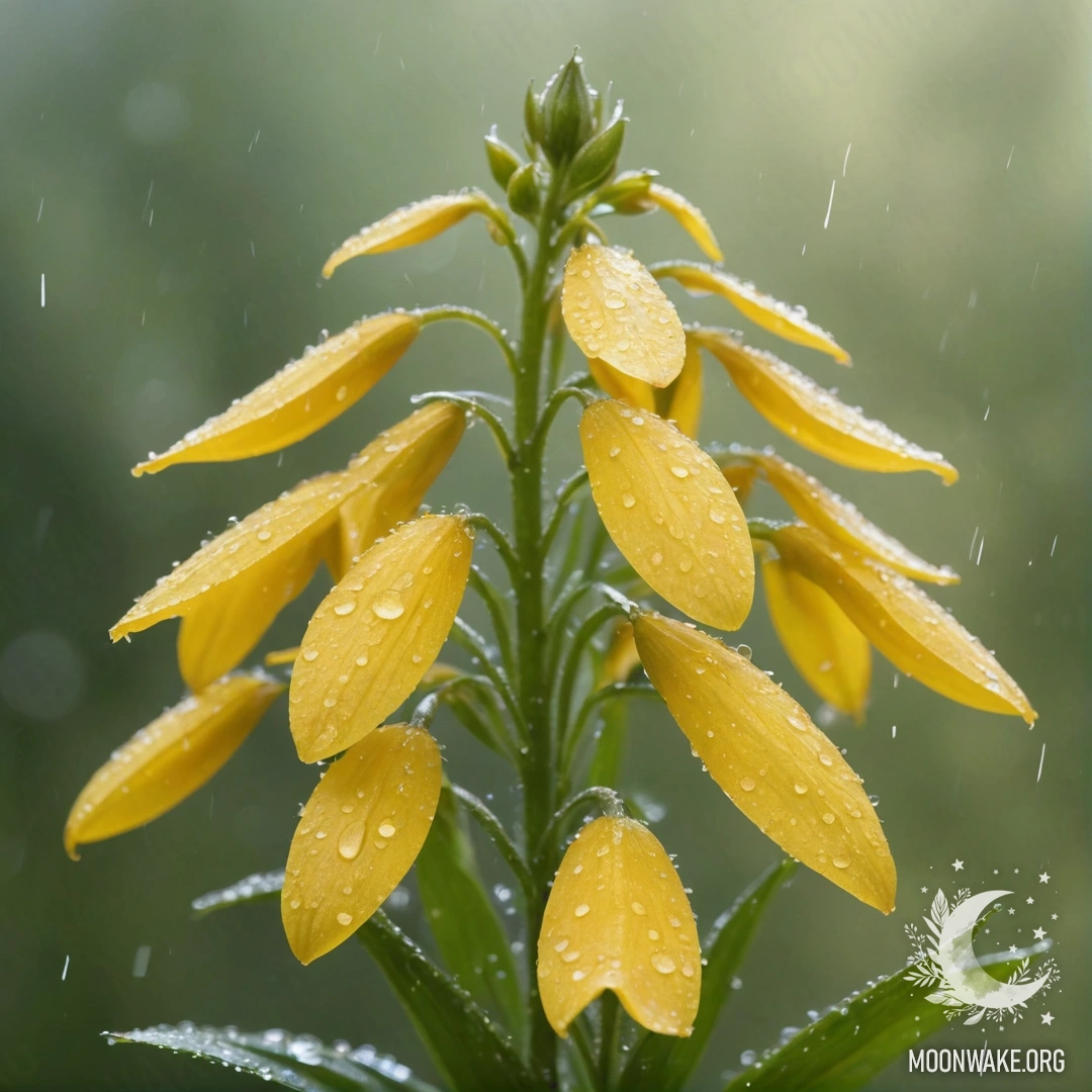 Calm Lobelia Under Rain with Glitter A serene lobelia flower in cream yellow color, shimmering under the rain.