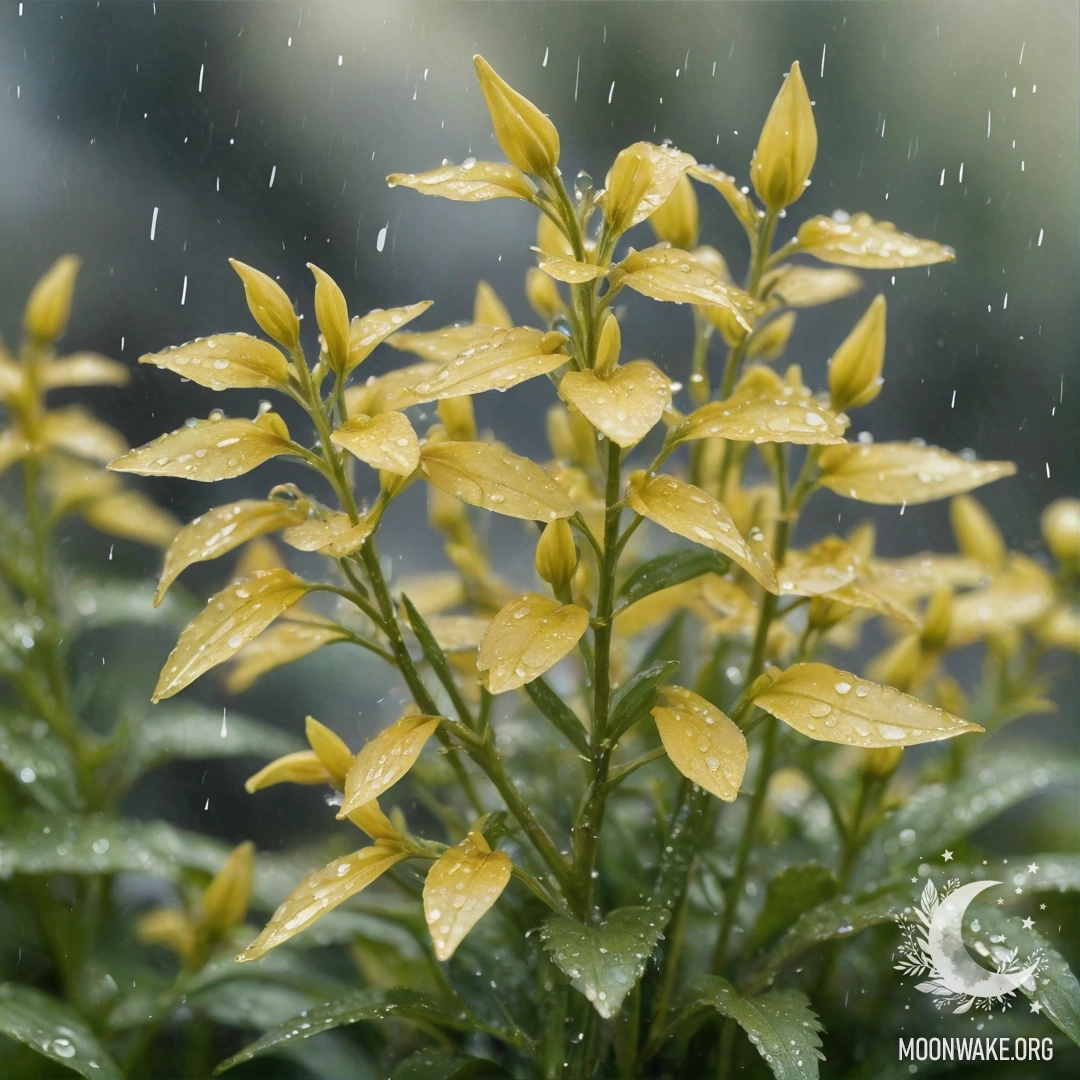 A serene lobelia flower in a cream yellow color, glistening with raindrops and sequins.