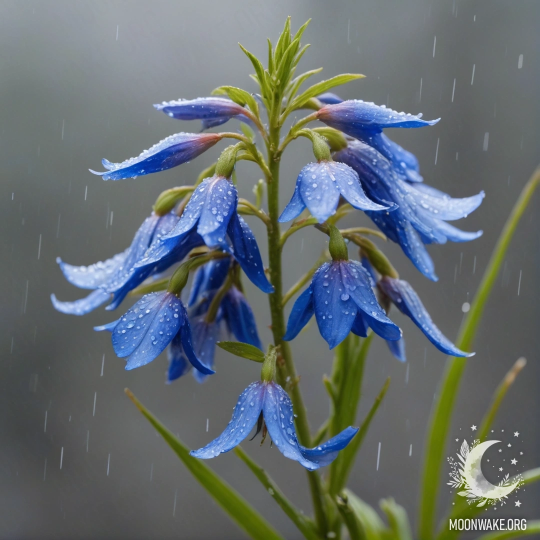 Calm Lobelia Under the Rain A serene blue lobelia flower bathed in rain patterns.
