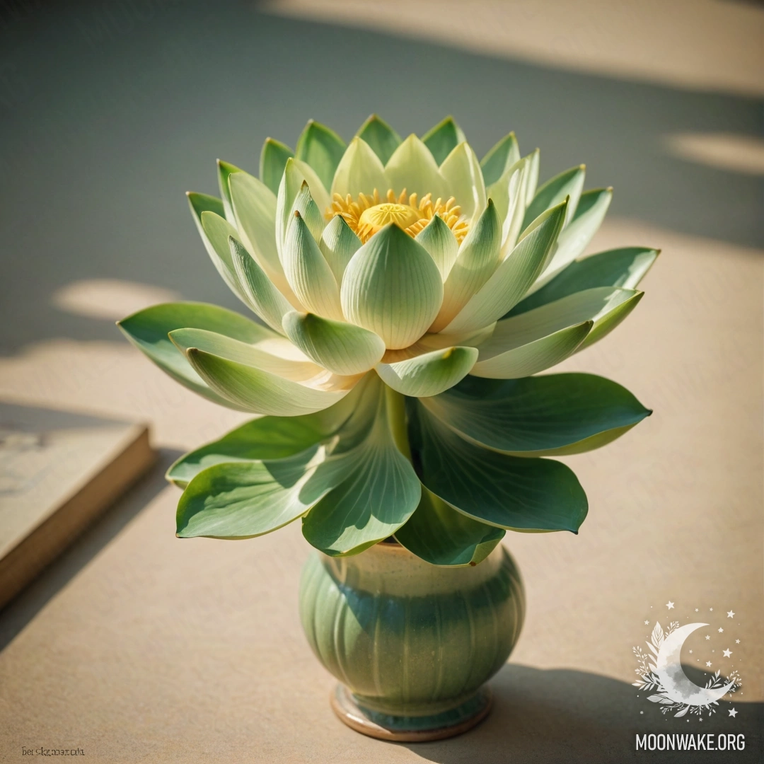 A serene lotus flower resting in a green vase under sunny rays.