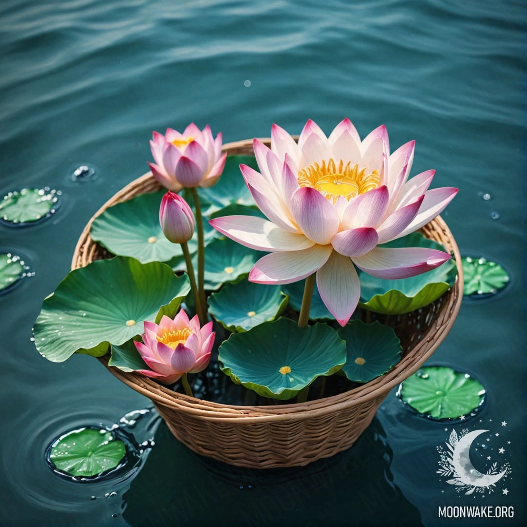 A serene lotus flower nestled in a basket, surrounded by vibrant sea waves.