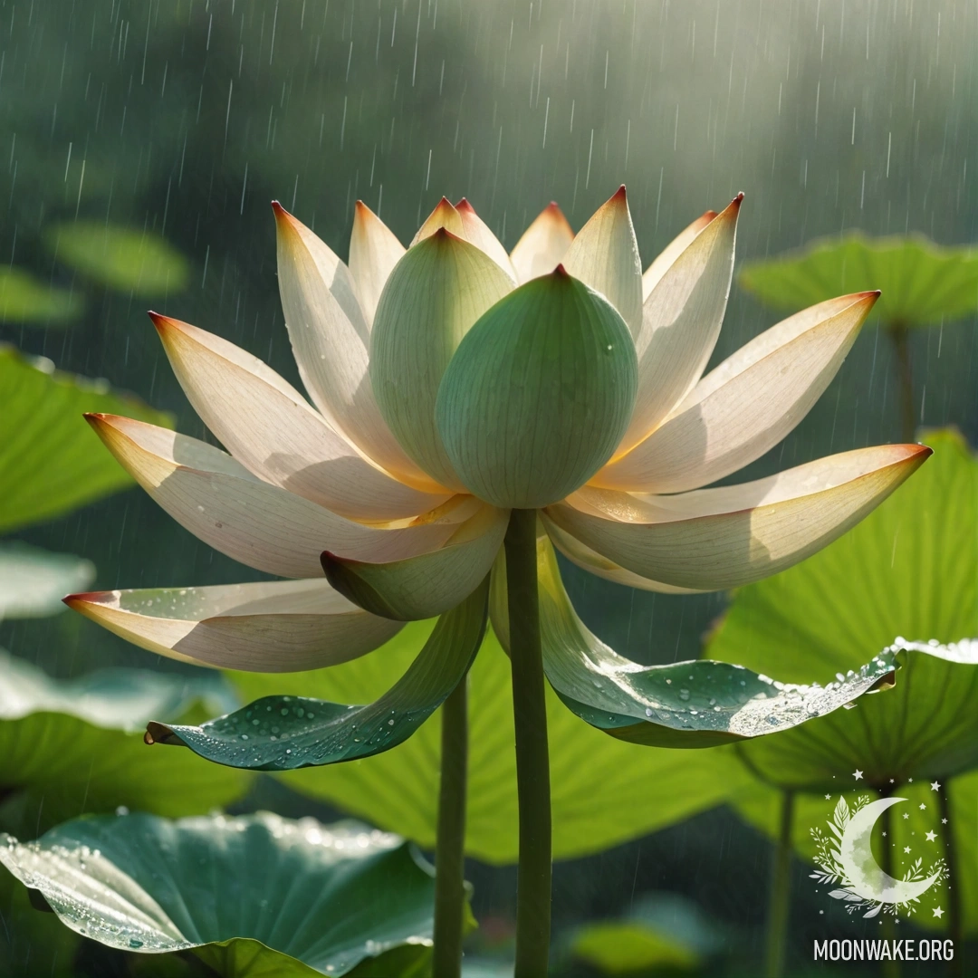 A serene lotus flower surrounded by rain, with sunlight creating green patterns.