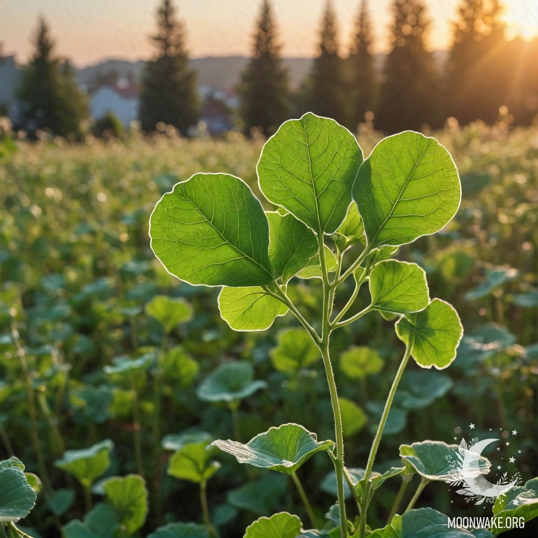 A serene scene featuring green lunaria against a sunset backdrop.