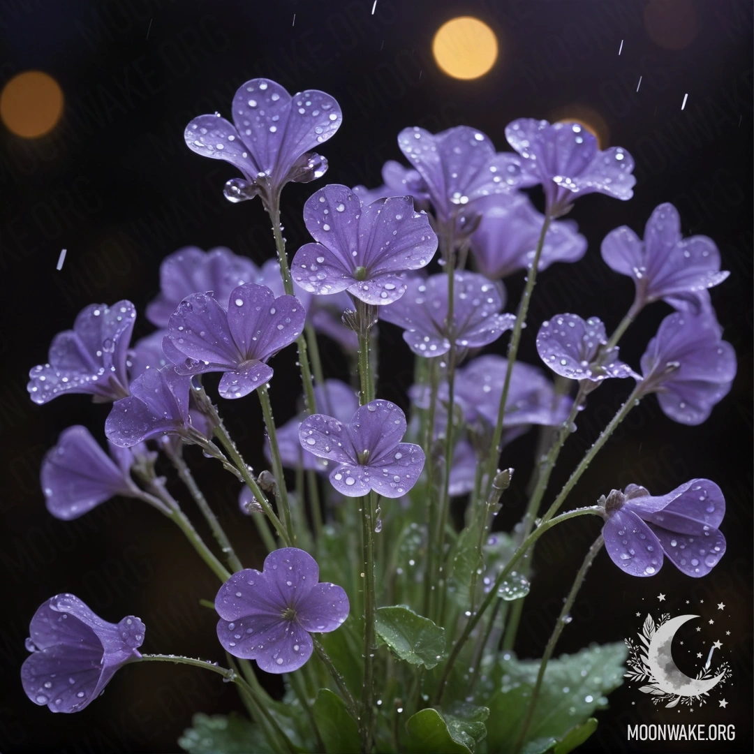A lavender bouquet of lunaria flowers gently illuminated by rain at night.