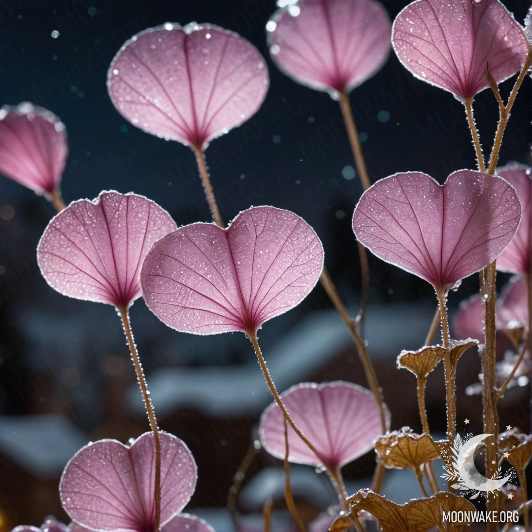 Calm Lunaria in Frosty Night Frost-covered lunaria flowers glimmering at night with pink sequins.