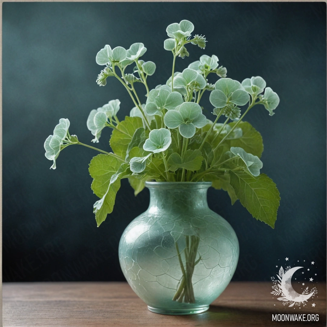 Calm Lunaria in Misty Night A vase with mint-colored lunaria flowers surrounded by mist at night.