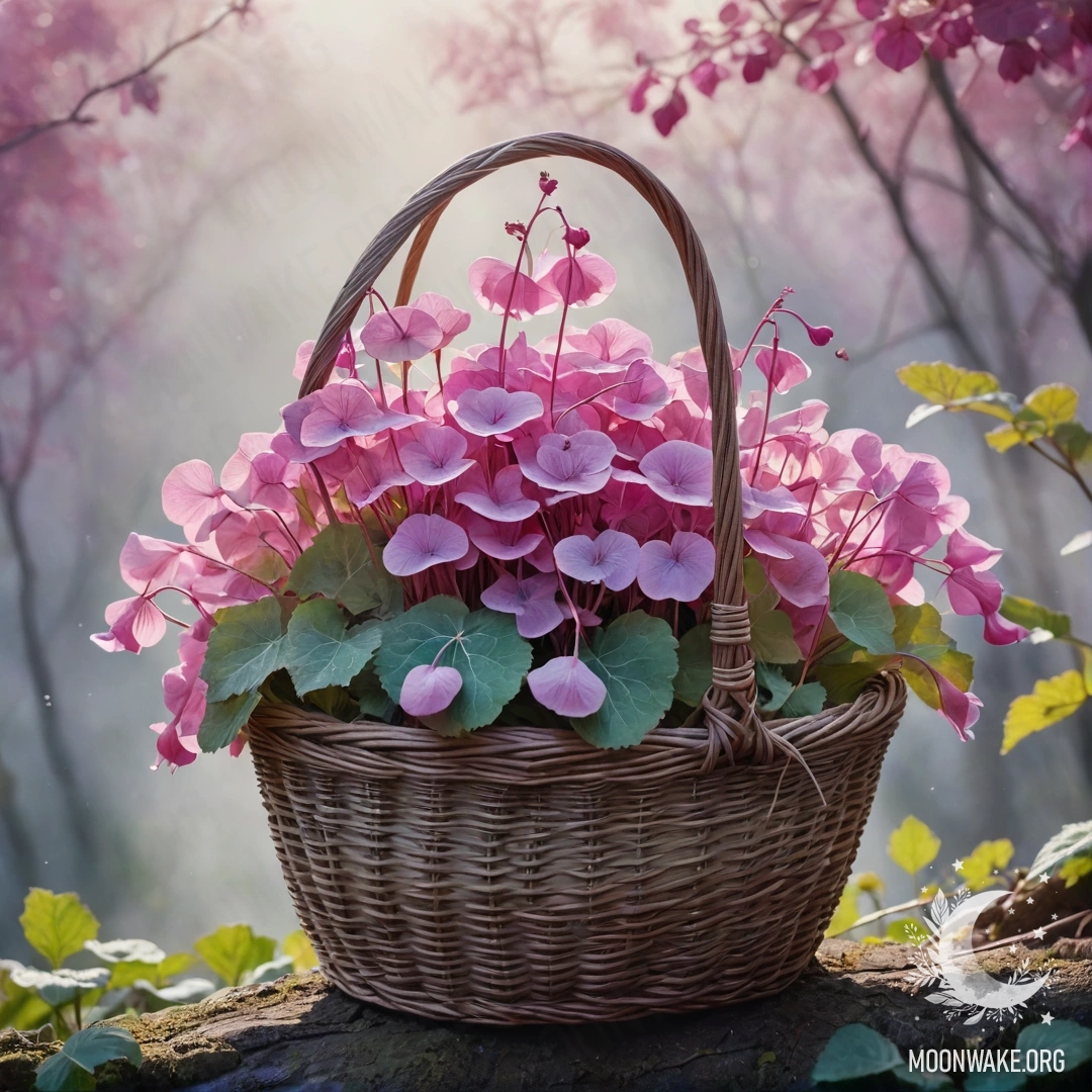 A soft watercolor painting of fuchsia lunaria in a basket, shrouded in fog with sunny rays filtering through.