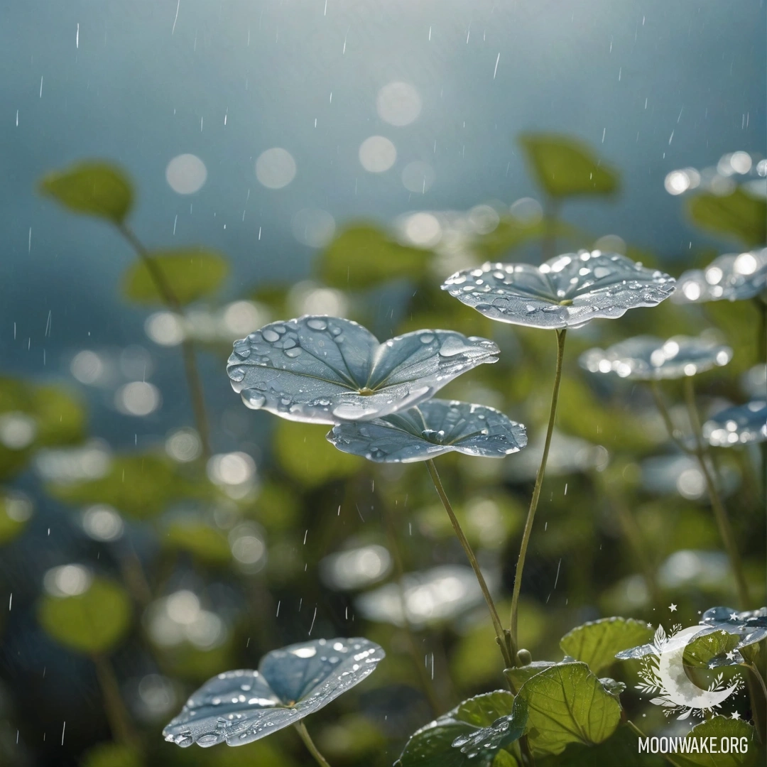 Calm Lunaria Under Rain A serene plant of lunaria swaying gently in the rain with a backdrop of sunny colors reminiscent of sea waves.