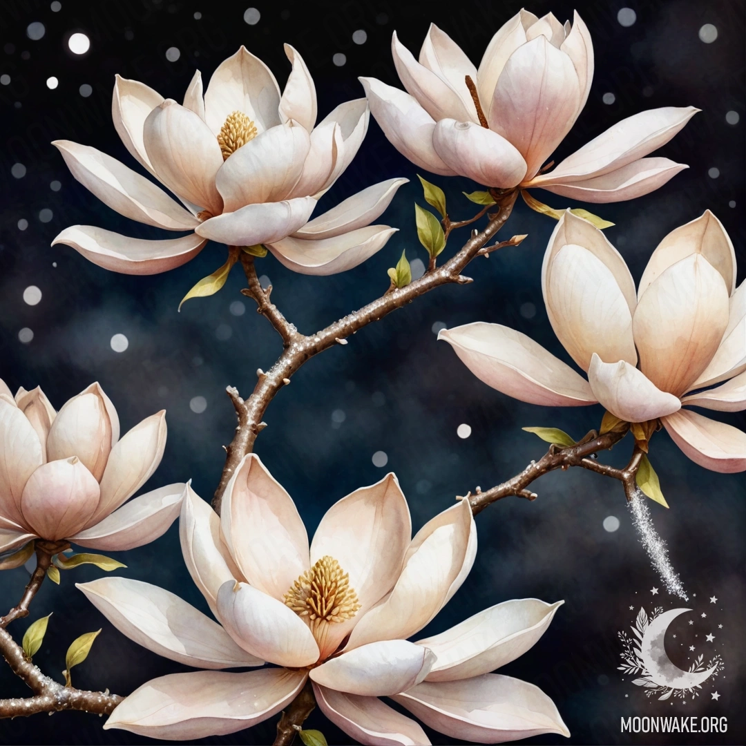 A calm magnolia tree under a starry night sky, painted in soft coffee colors with glitter.