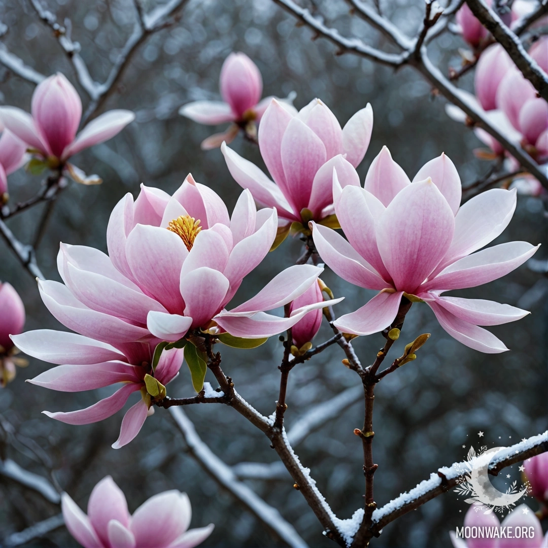 A bouquet of pink magnolias covered in frost during nighttime.