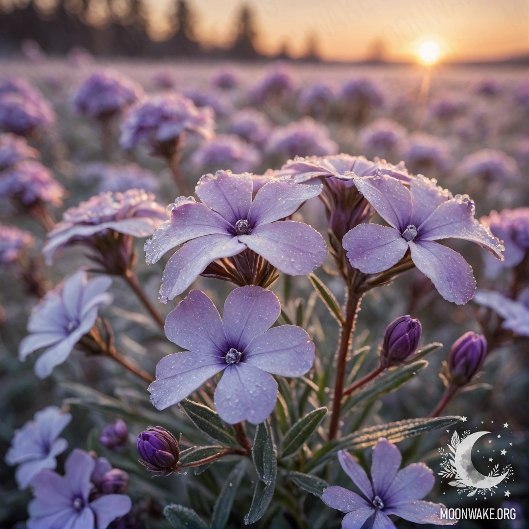 A serene magnolia tree adorned with frost at sunset, featuring golden hues.