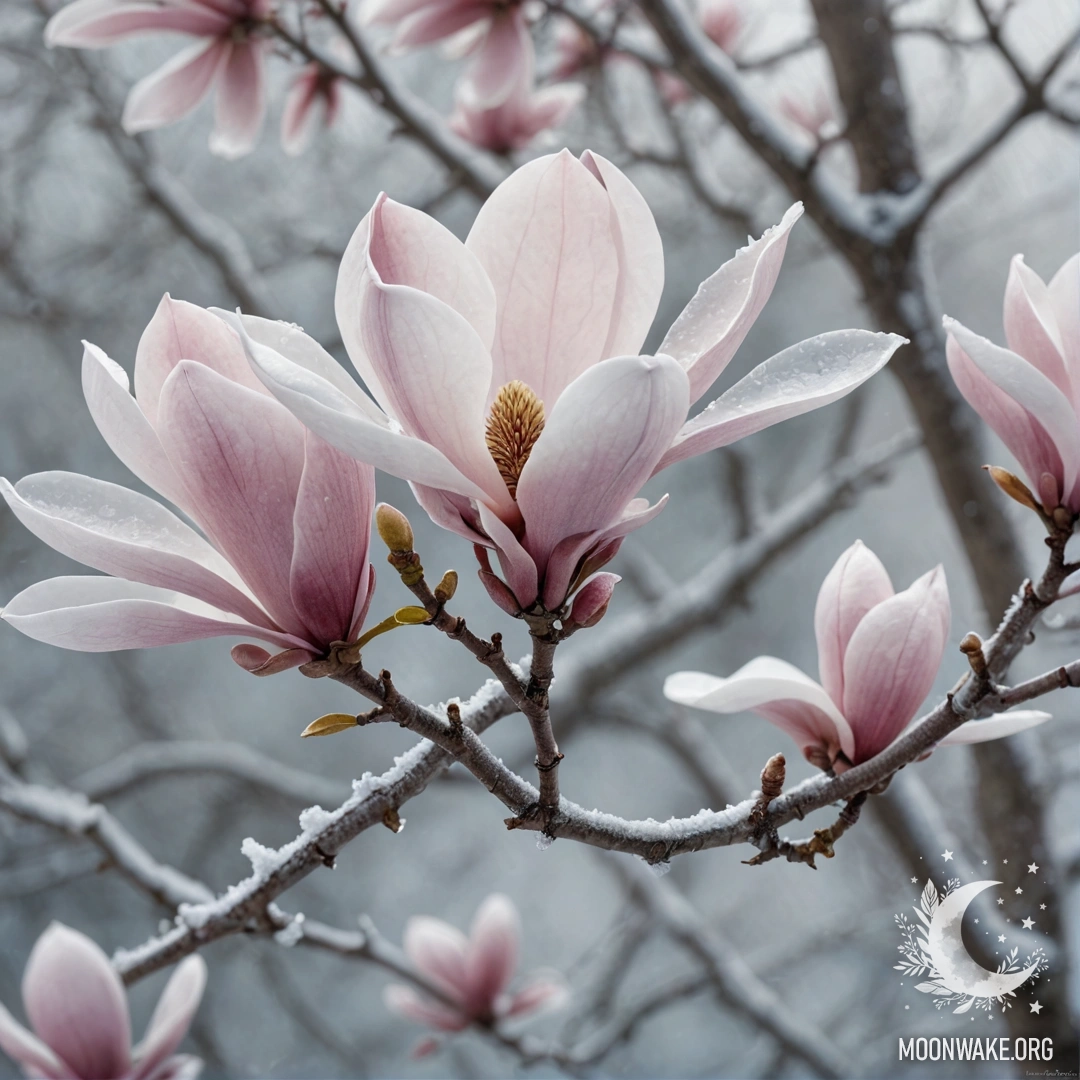 A serene magnolia branch adorned with delicate frost patterns in pastel colors.