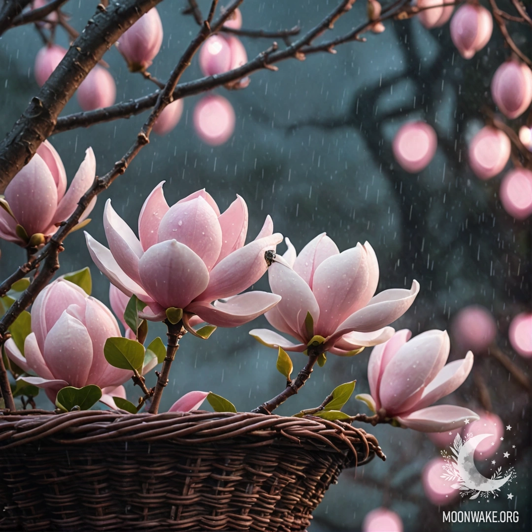 A pink magnolia blossom in a basket, under raindrops at night, surrounded by mist.