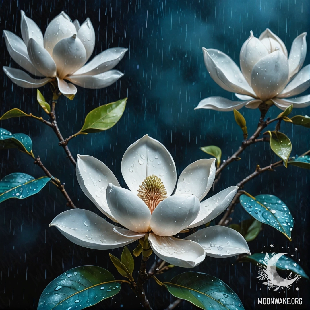 Calm Magnolia Under Rainy Night A calm magnolia tree under rain at night glistening with rhinestones.
