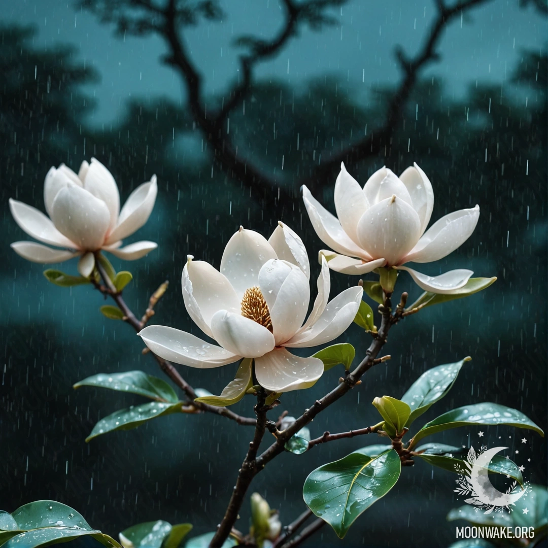 A calm magnolia tree under the rain at night with an aquamarine background.