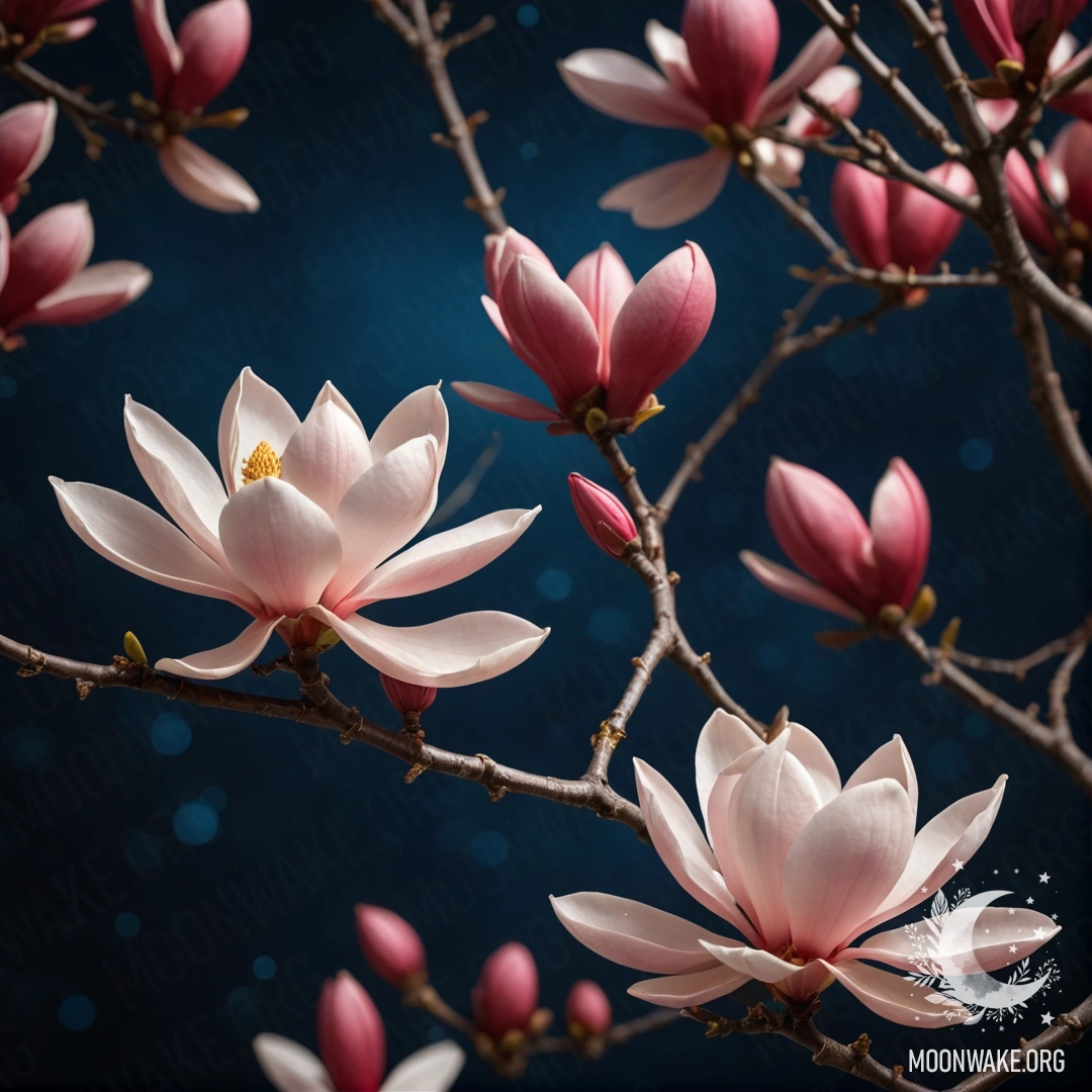 A serene night scene featuring calm magnolias in vibrant red patterns.