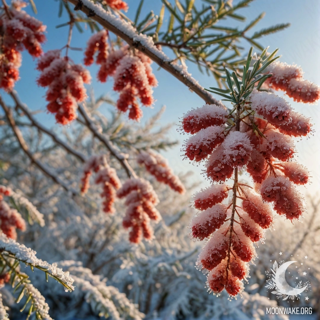 A serene red mimosa flower covered in frost, illuminated by sunshine.