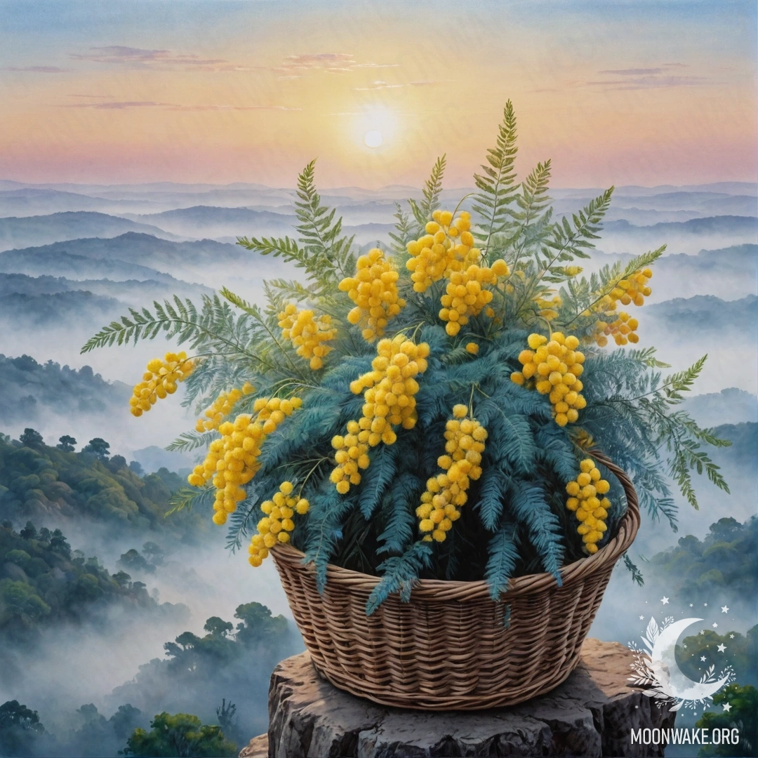 A gentle mimosa nestled in a basket, surrounded by mist at sunset.