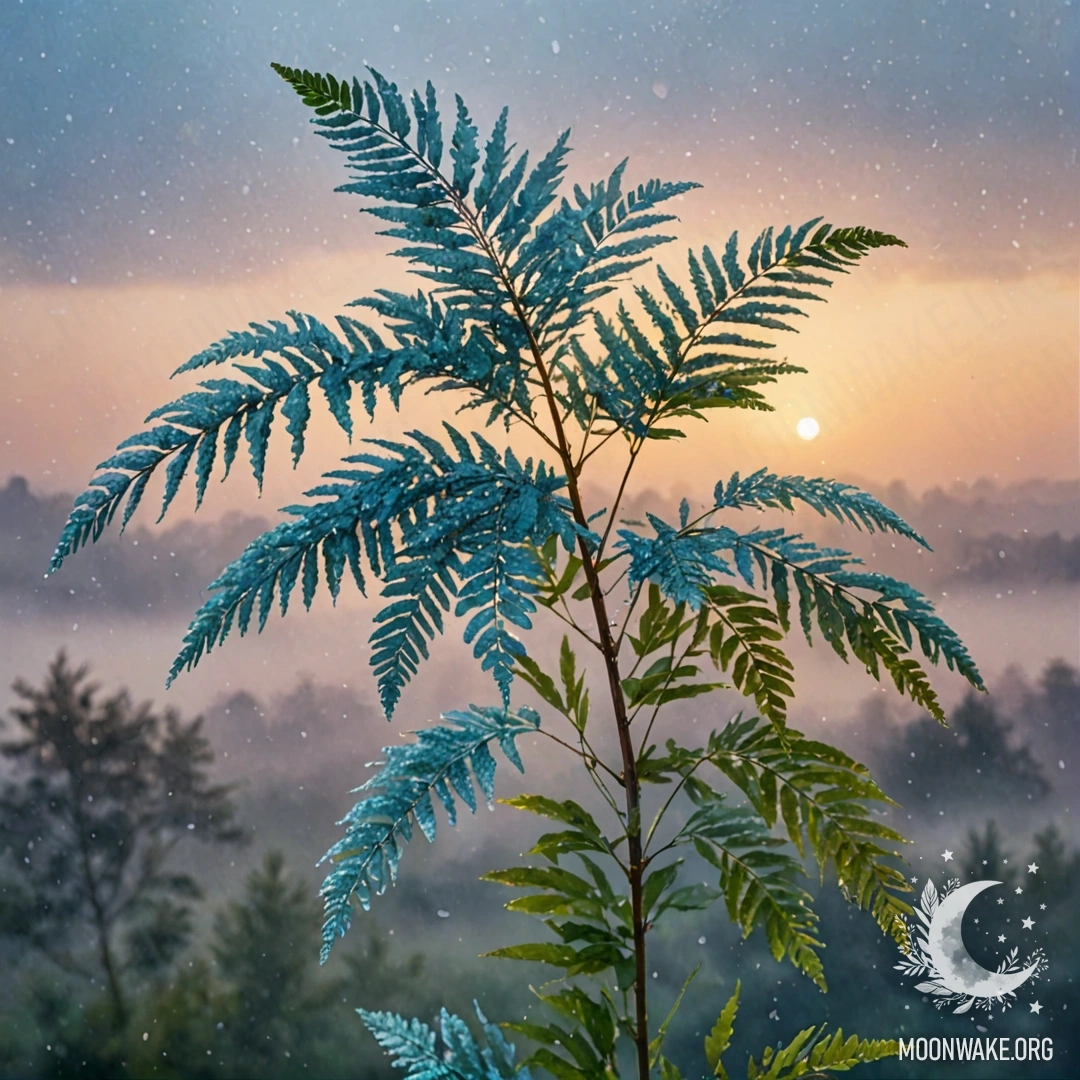 A delicate mimosa flower in a misty atmosphere during sunset, with raindrops glimmering in the air.