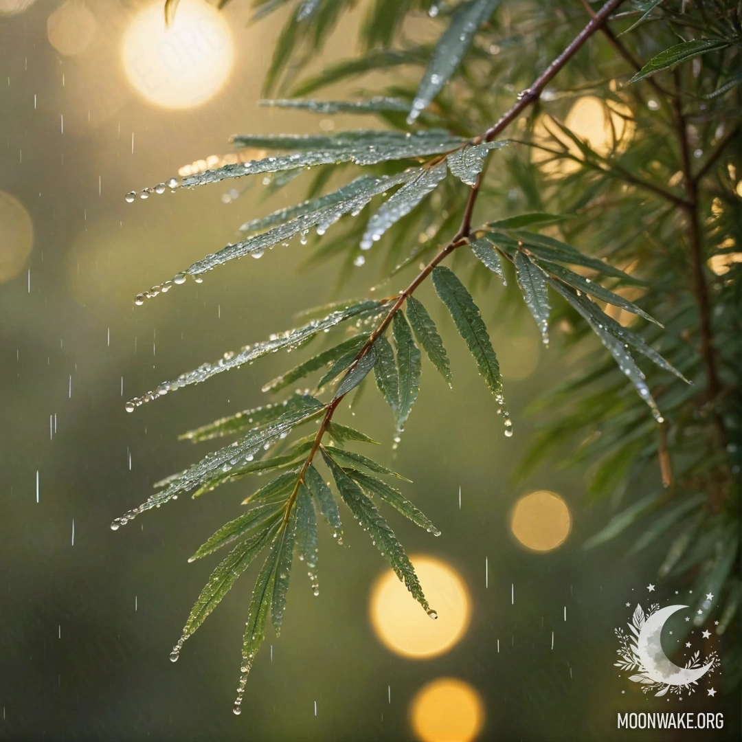A serene mimosa tree in the rain at sunset, colored in sage green.