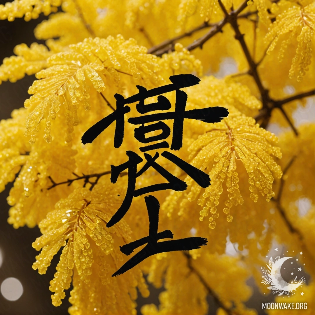 Calm Mimosa with Sequins A serene yellow mimosa adorned with sparkling sequins and Japanese calligraphy.