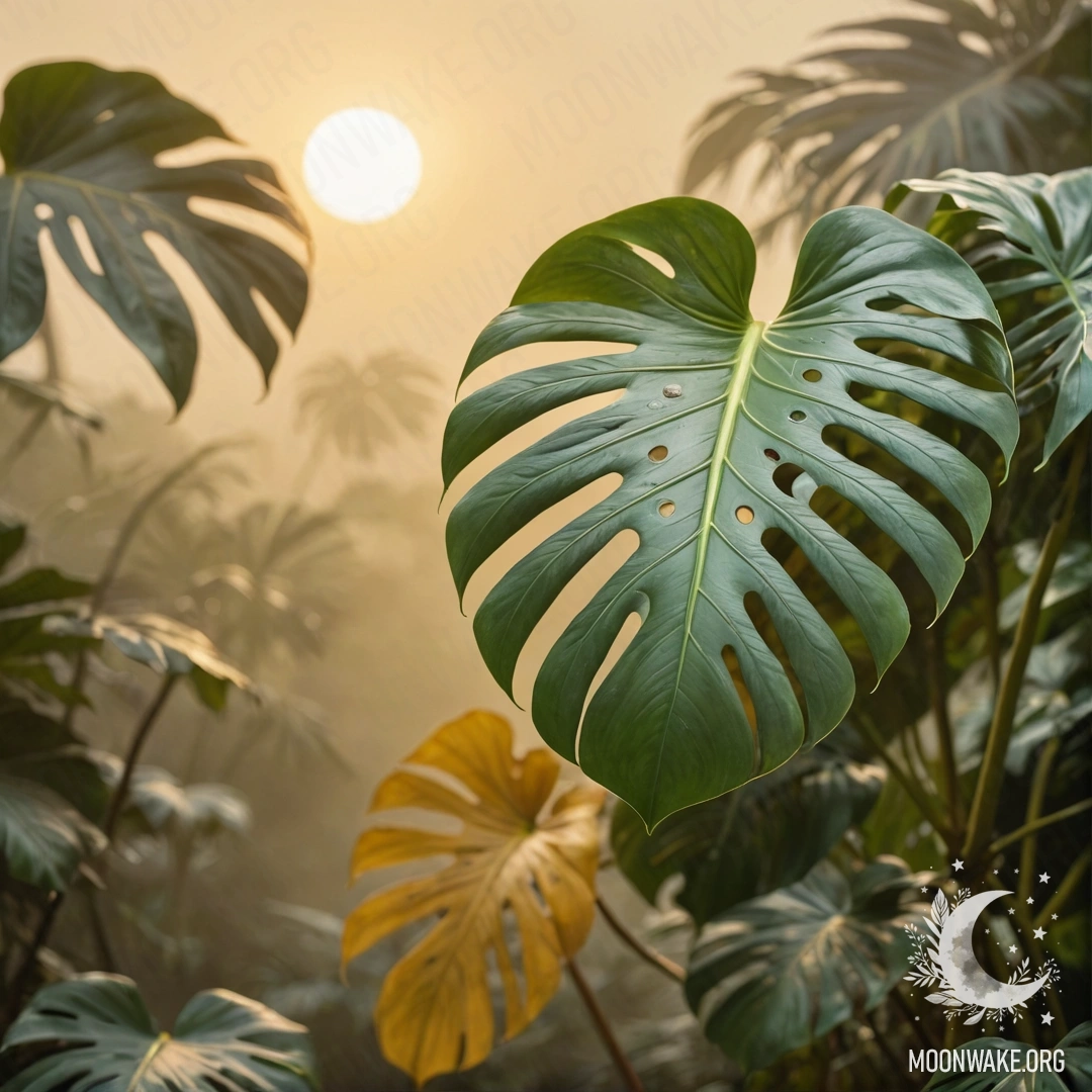 Calm monstera leaves shrouded in mist against a yellow sunset.