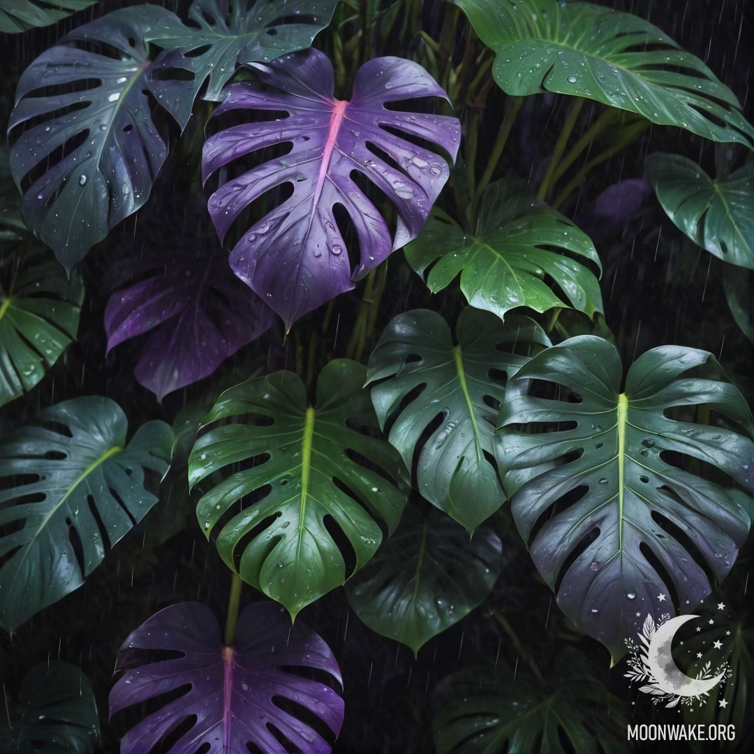 Calm and lush monstera leaves drenched in the rain at night, with a purple color scheme.