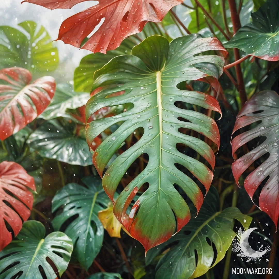 A serene arrangement of lush monstera leaves drenched in rain, with a backdrop of soft red watercolor hues and gentle sunlight filtering through.