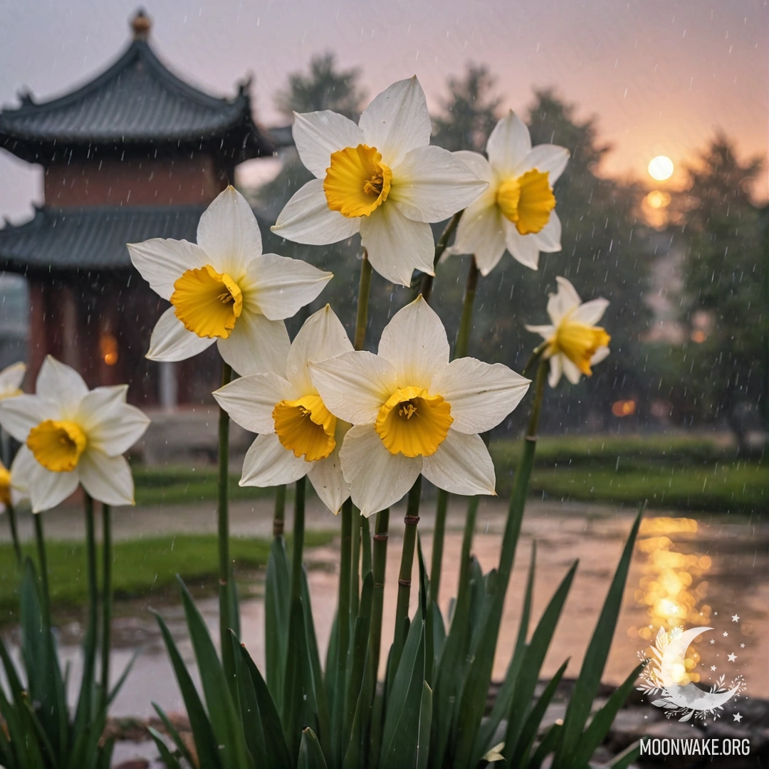 Calm Narcissus at Sunset A calm narcissus flower drenched in rain with a sunset background.