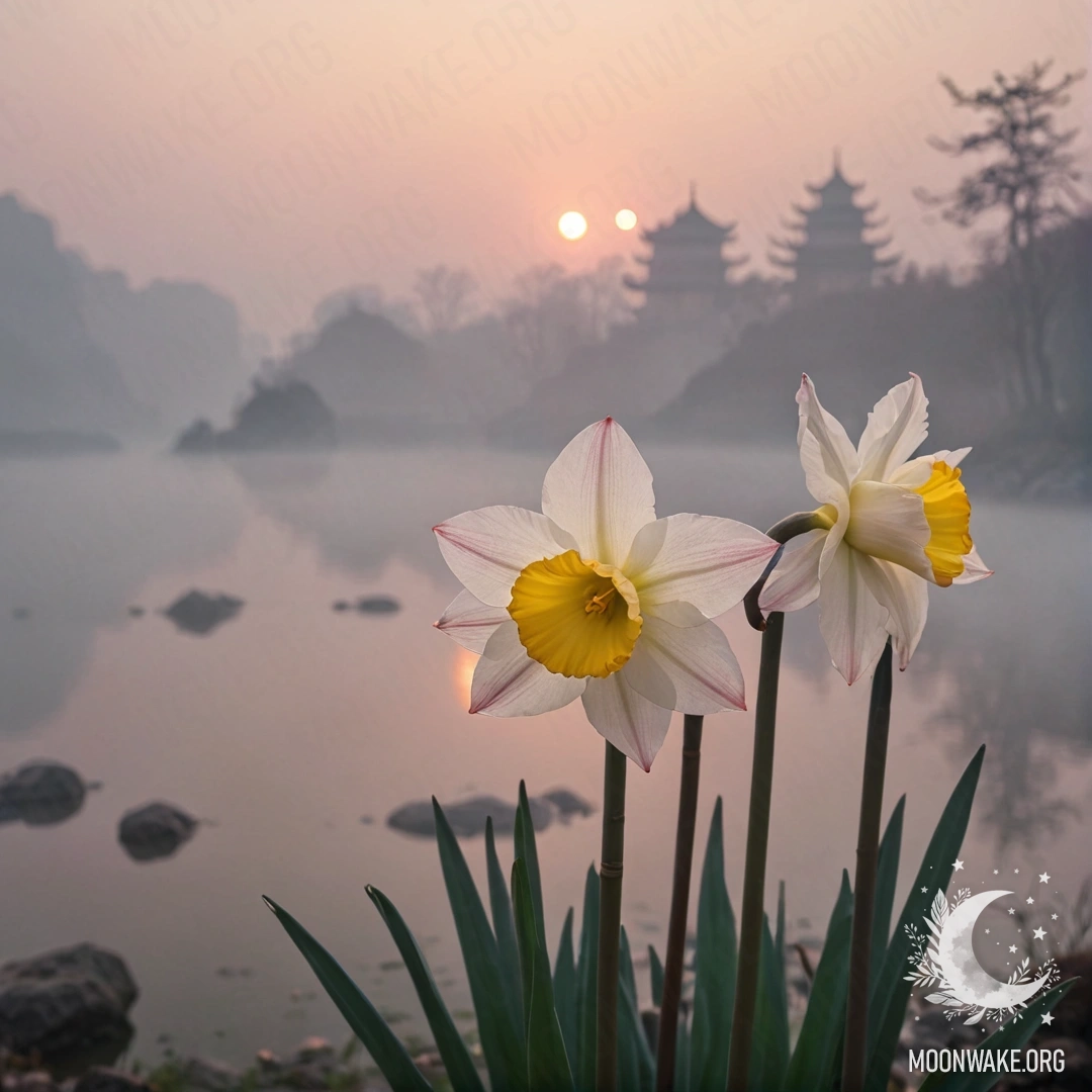 Calm Narcissus in Fog at Sunset A serene scene featuring a narcissus flower surrounded by fog at sunset with a pink background.