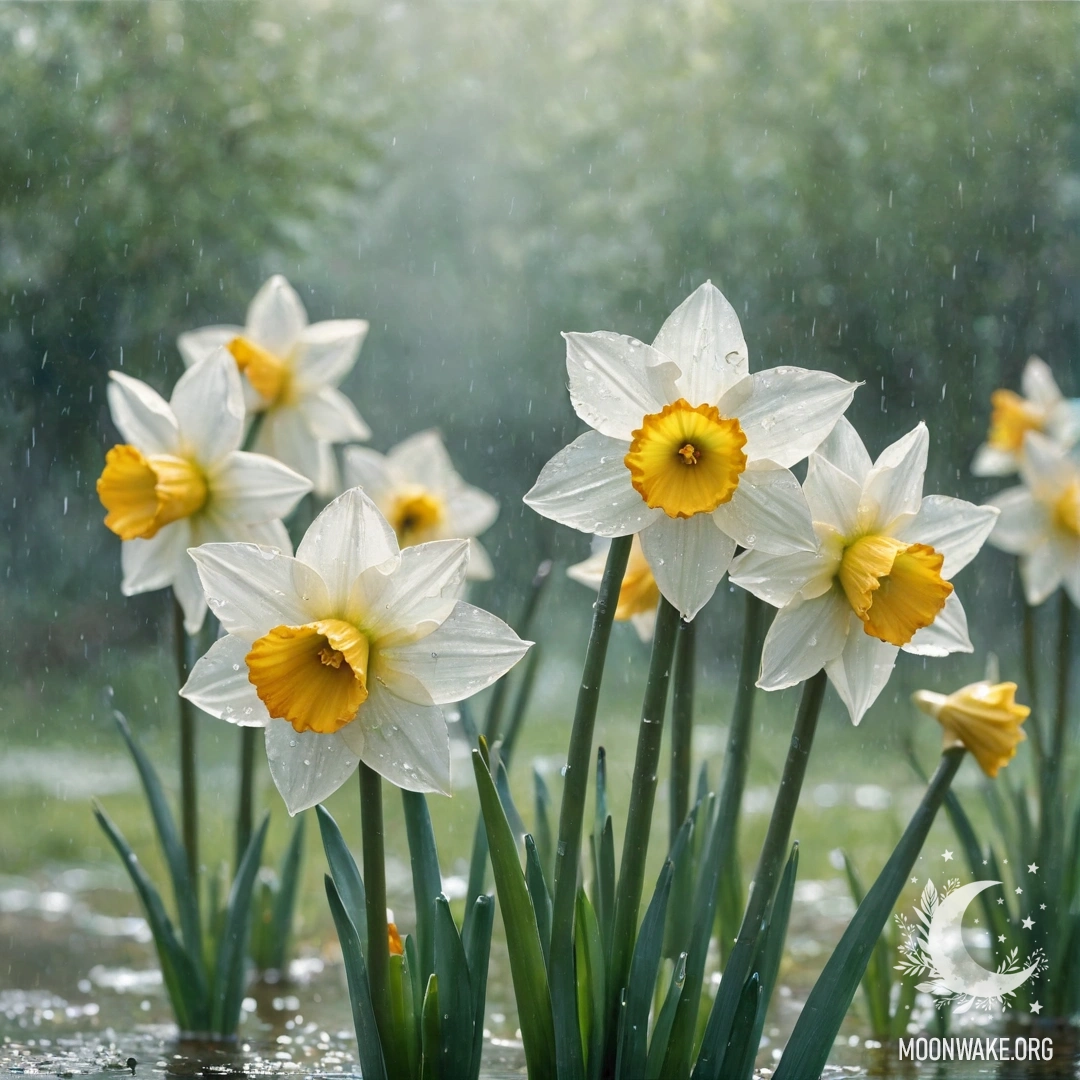 A serene narcissus flower surrounded by mist and raindrops, illuminated by sun rays, featuring greenish-blue sequins.