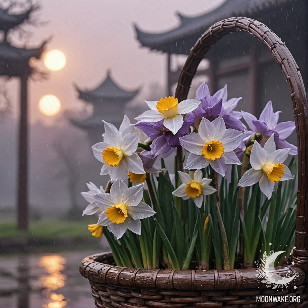 Calm Narcissus in Misty Rain A purple narcissus flower in a basket, surrounded by mist and rain at sunset.